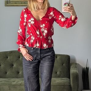 H&M Divided Red Floral Crop Top Puff Sleeves Ruffle Prairie Cottage Core Size 2